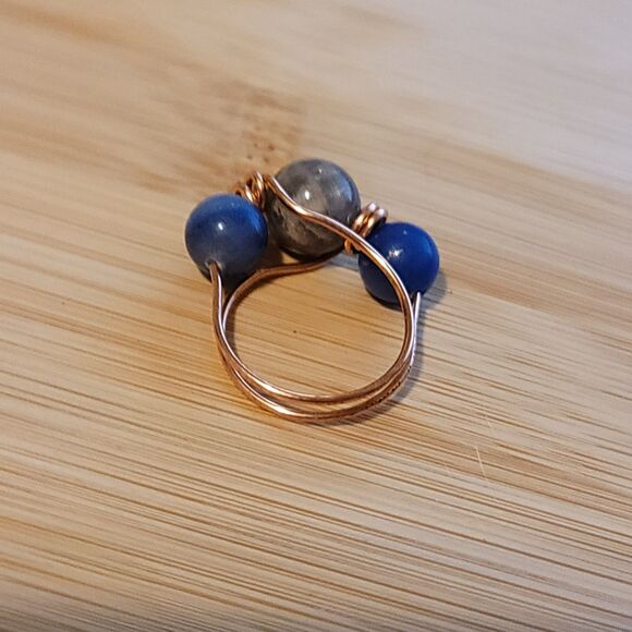 Handmade Labradorite and Blue Aventurine Copper Wire Wrapped Ring Non-Adjustable - Picture 5 of 6